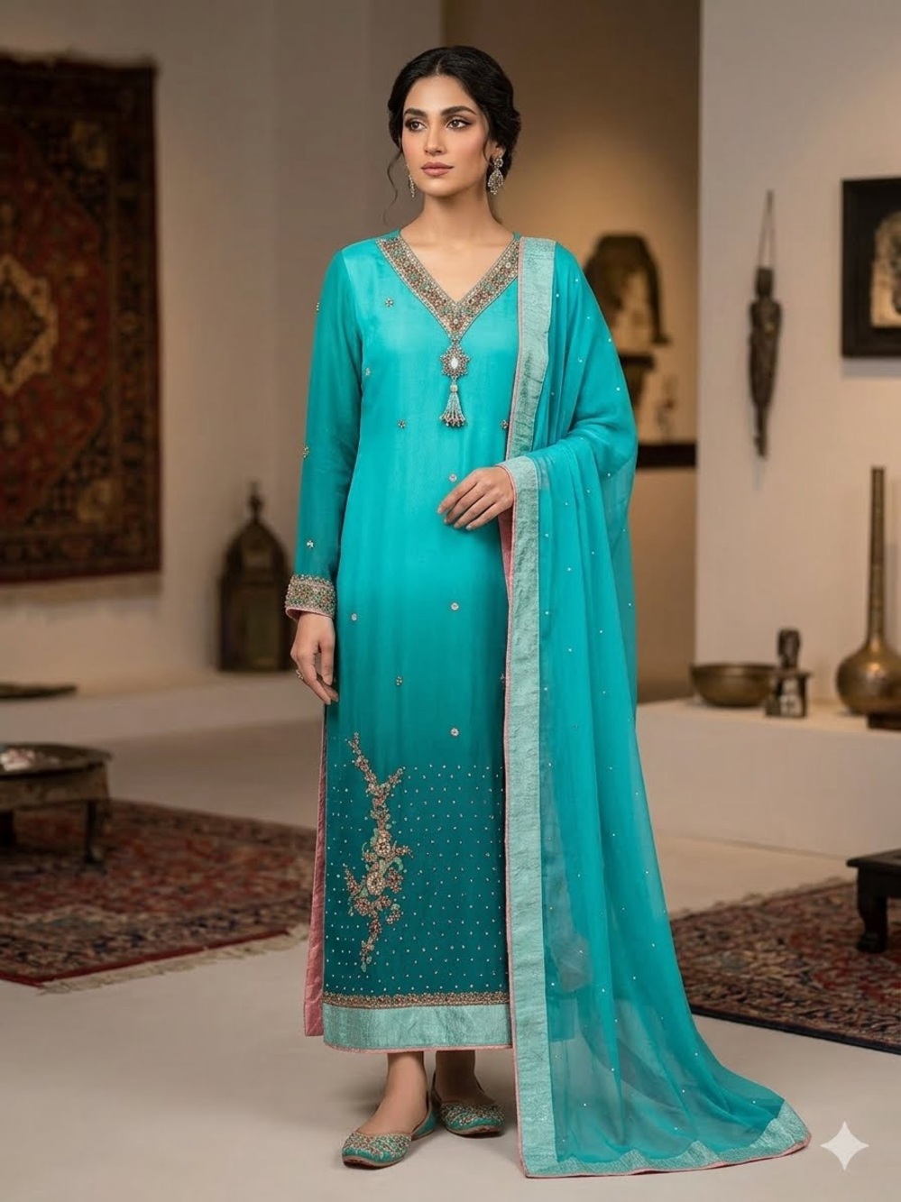 Silk Teal maxi Tunic and Scarf